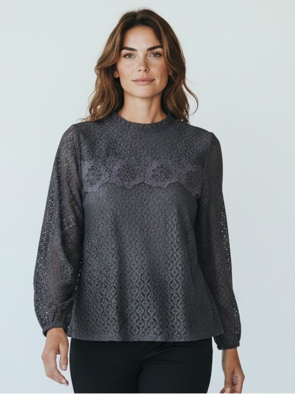 LOFT Navy Blue Lace Floral Appliqué Long Sleeve Blouse Size L Petite